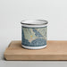 Front View Custom Bolinas California Map Enamel Mug in Woodblock on Cutting Board