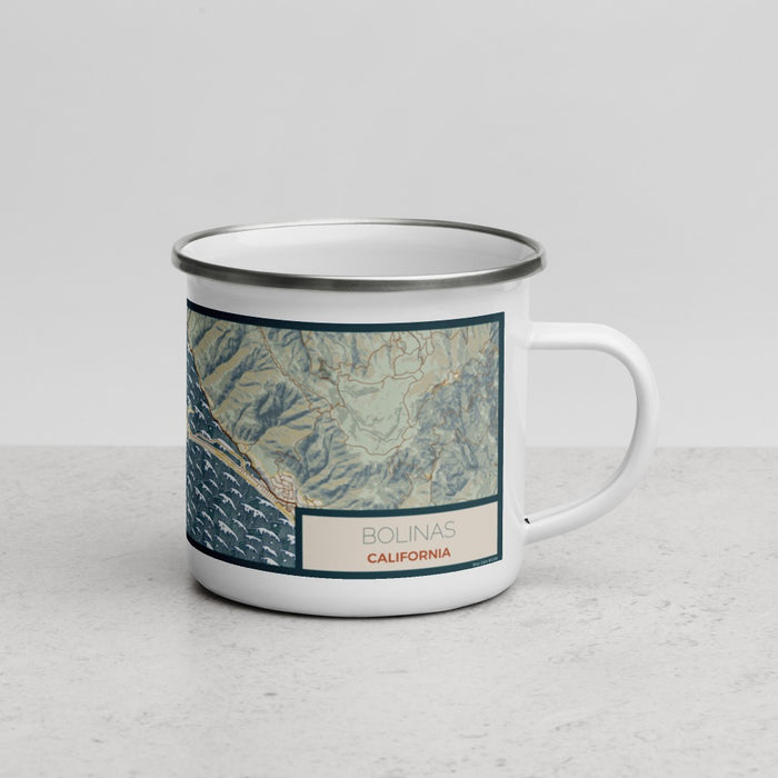 Right View Custom Bolinas California Map Enamel Mug in Woodblock