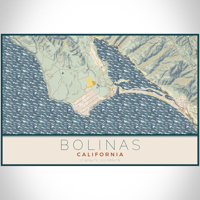 Bolinas California Map Print Landscape Orientation in Woodblock Style With Shaded Background