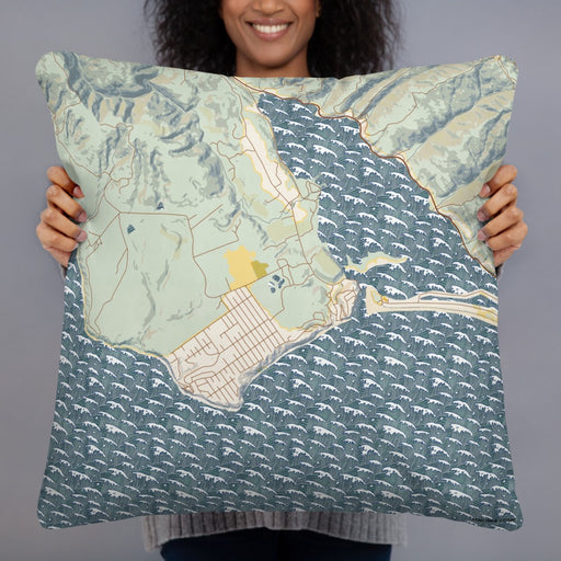 Person holding 22x22 Custom Bolinas California Map Throw Pillow in Woodblock