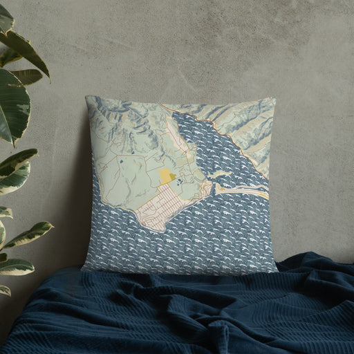Custom Bolinas California Map Throw Pillow in Woodblock on Bedding Against Wall
