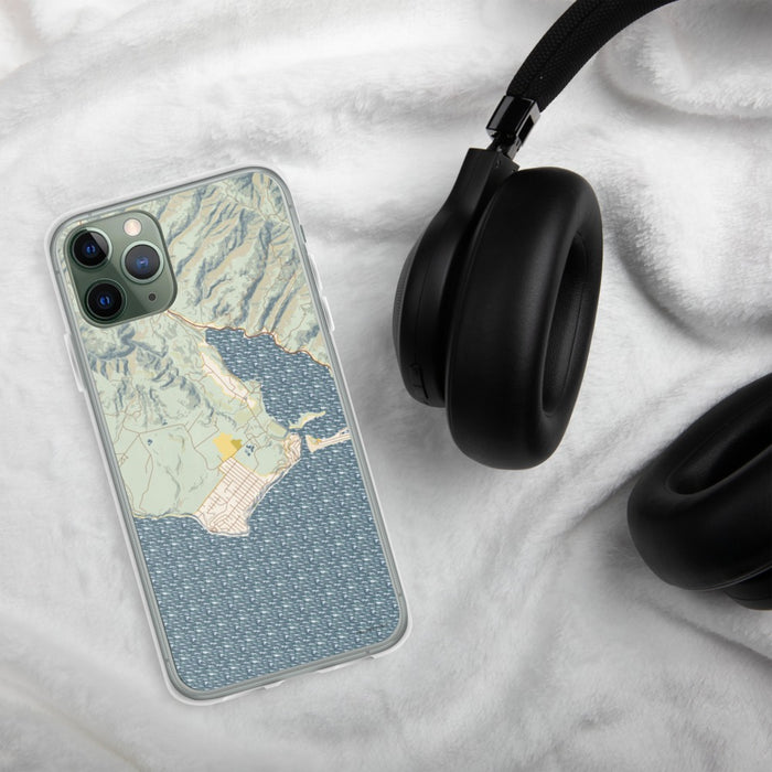 Custom Bolinas California Map Phone Case in Woodblock on Table with Black Headphones