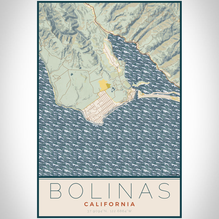 Bolinas California Map Print Portrait Orientation in Woodblock Style With Shaded Background