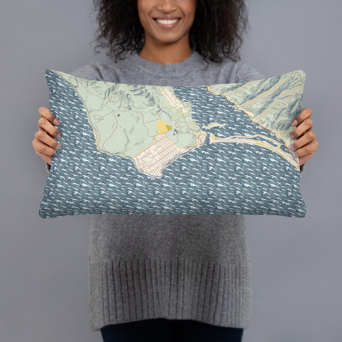 Person holding 20x12 Custom Bolinas California Map Throw Pillow in Woodblock
