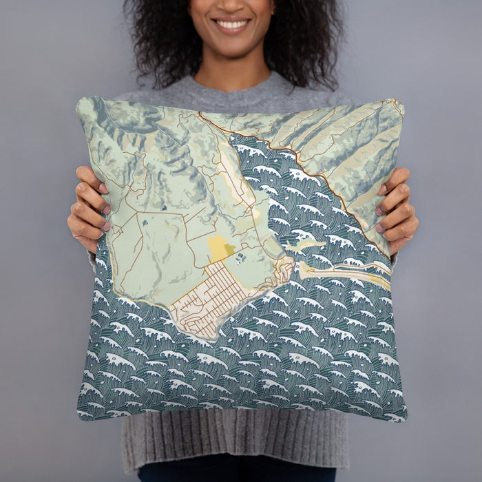 Person holding 18x18 Custom Bolinas California Map Throw Pillow in Woodblock
