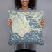 Person holding 18x18 Custom Bolinas California Map Throw Pillow in Woodblock