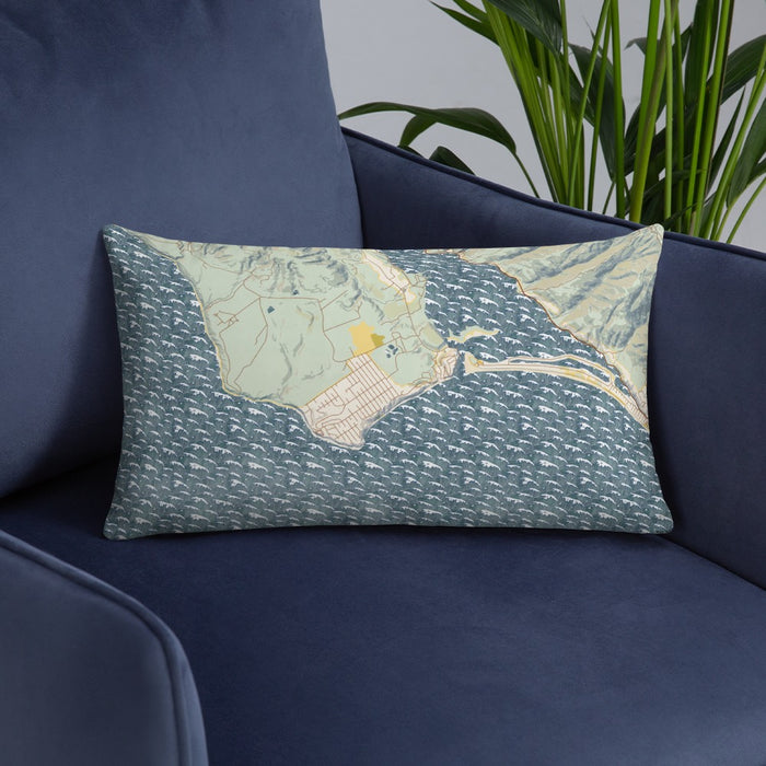 Custom Bolinas California Map Throw Pillow in Woodblock on Blue Colored Chair