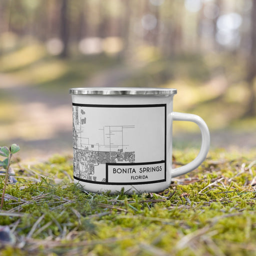 Right View Custom Bonita Springs Florida Map Enamel Mug in Classic on Grass With Trees in Background