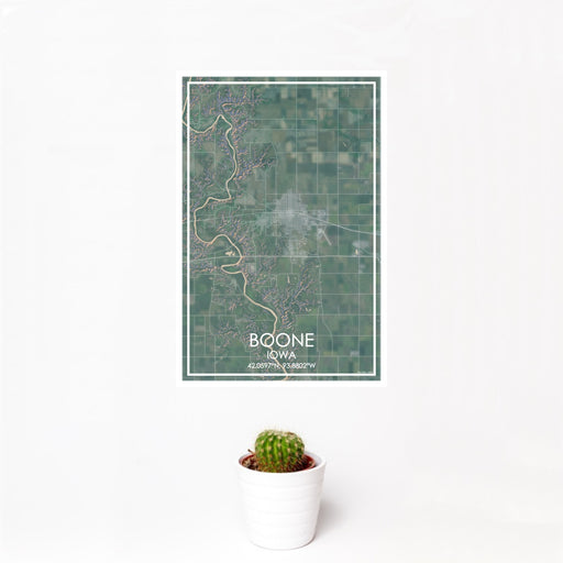 12x18 Boone Iowa Map Print Portrait Orientation in Afternoon Style With Small Cactus Plant in White Planter