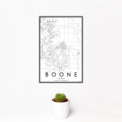 12x18 Boone Iowa Map Print Portrait Orientation in Classic Style With Small Cactus Plant in White Planter
