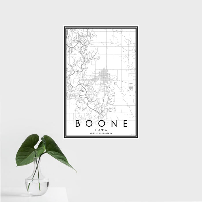 16x24 Boone Iowa Map Print Portrait Orientation in Classic Style With Tropical Plant Leaves in Water