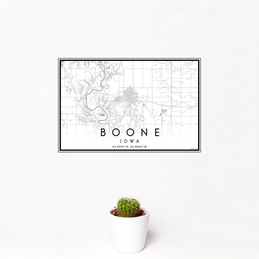 12x18 Boone Iowa Map Print Landscape Orientation in Classic Style With Small Cactus Plant in White Planter