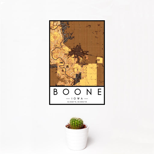 12x18 Boone Iowa Map Print Portrait Orientation in Ember Style With Small Cactus Plant in White Planter