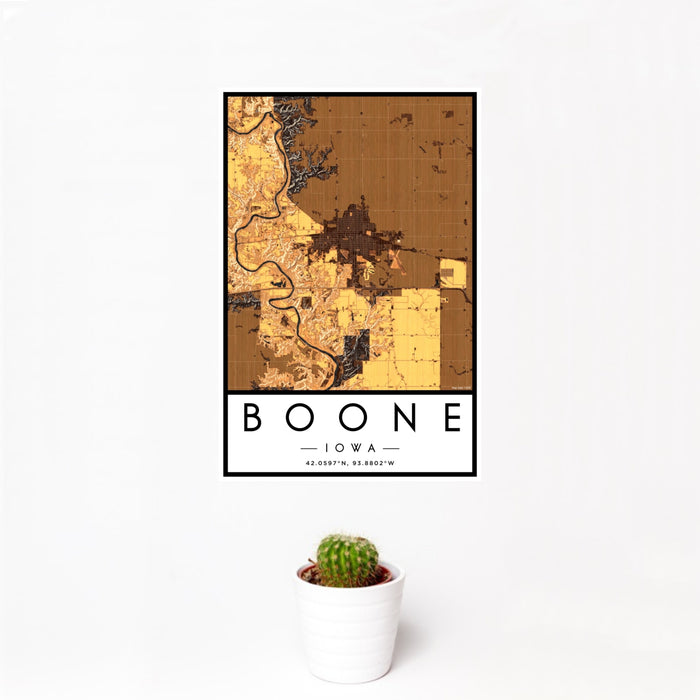 12x18 Boone Iowa Map Print Portrait Orientation in Ember Style With Small Cactus Plant in White Planter