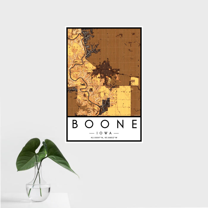 16x24 Boone Iowa Map Print Portrait Orientation in Ember Style With Tropical Plant Leaves in Water