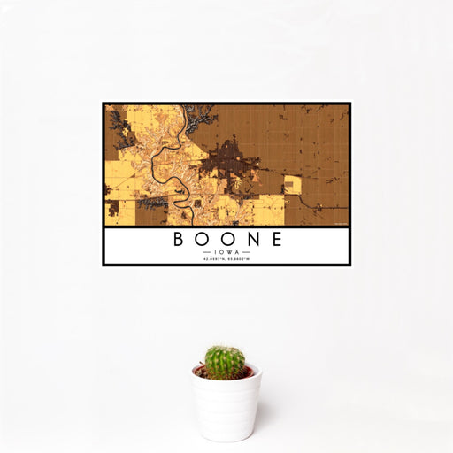 12x18 Boone Iowa Map Print Landscape Orientation in Ember Style With Small Cactus Plant in White Planter
