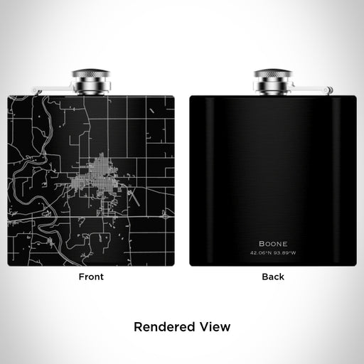 Rendered View of Boone Iowa Map Engraving on 6oz Stainless Steel Flask in Black
