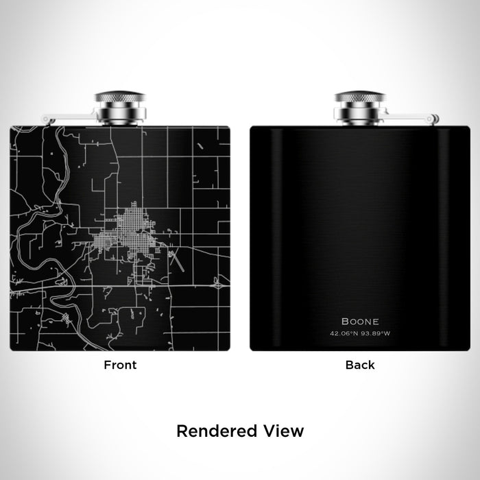 Rendered View of Boone Iowa Map Engraving on 6oz Stainless Steel Flask in Black