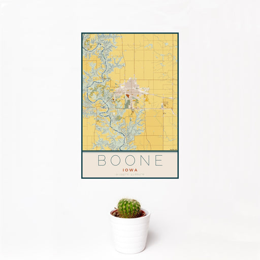 12x18 Boone Iowa Map Print Portrait Orientation in Woodblock Style With Small Cactus Plant in White Planter