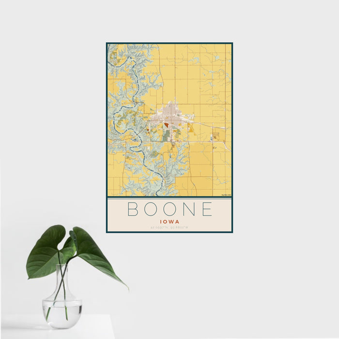16x24 Boone Iowa Map Print Portrait Orientation in Woodblock Style With Tropical Plant Leaves in Water