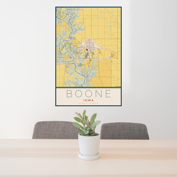 24x36 Boone Iowa Map Print Portrait Orientation in Woodblock Style Behind 2 Chairs Table and Potted Plant
