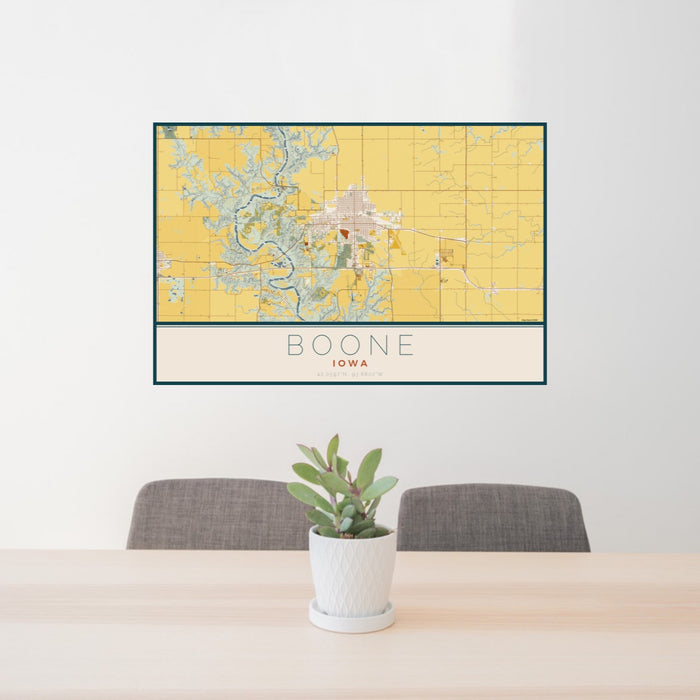 24x36 Boone Iowa Map Print Landscape Orientation in Woodblock Style Behind 2 Chairs Table and Potted Plant