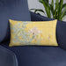 Custom Boone Iowa Map Throw Pillow in Woodblock on Blue Colored Chair
