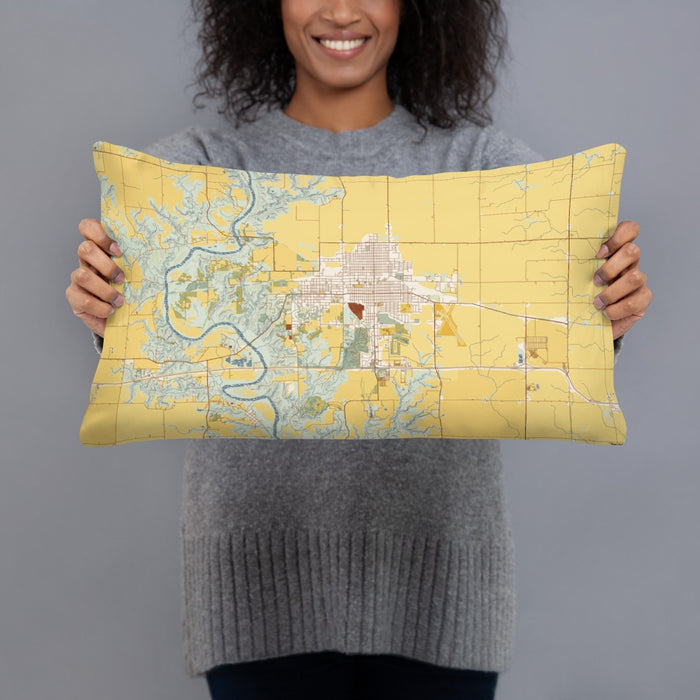 Person holding 20x12 Custom Boone Iowa Map Throw Pillow in Woodblock