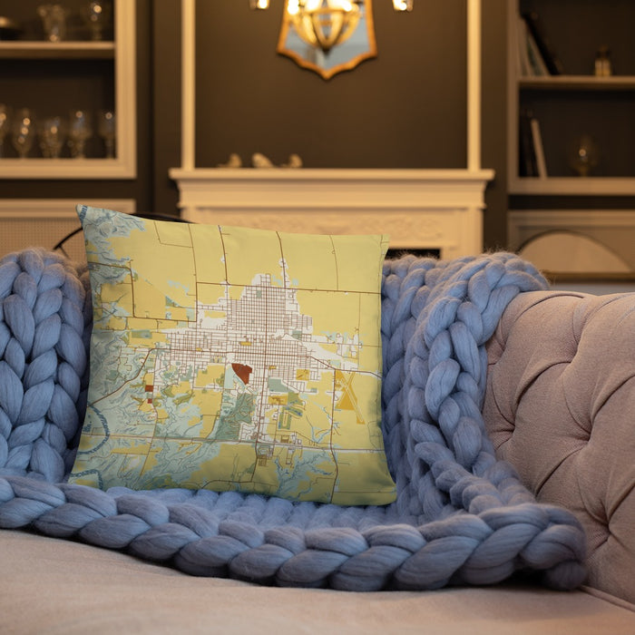 Custom Boone Iowa Map Throw Pillow in Woodblock on Cream Colored Couch