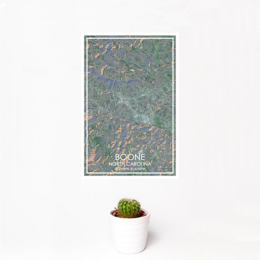12x18 Boone North Carolina Map Print Portrait Orientation in Afternoon Style With Small Cactus Plant in White Planter