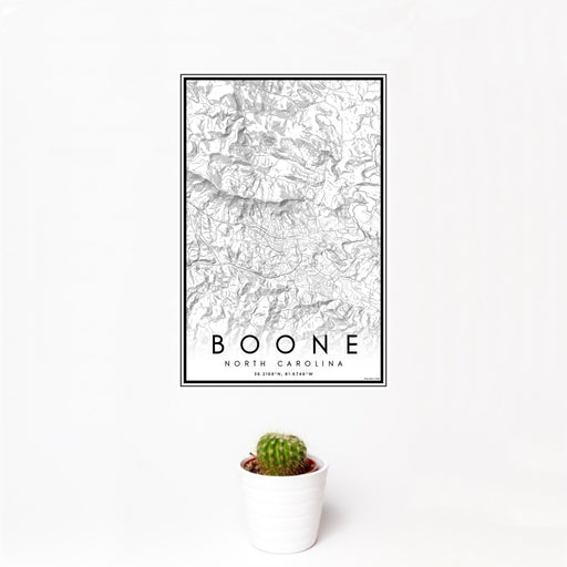 12x18 Boone North Carolina Map Print Portrait Orientation in Classic Style With Small Cactus Plant in White Planter