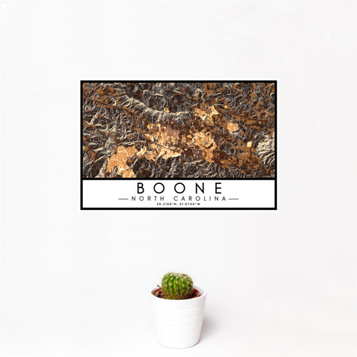 12x18 Boone North Carolina Map Print Landscape Orientation in Ember Style With Small Cactus Plant in White Planter