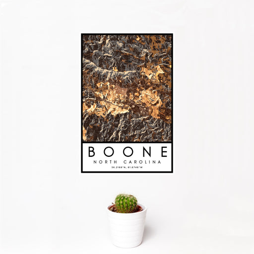12x18 Boone North Carolina Map Print Portrait Orientation in Ember Style With Small Cactus Plant in White Planter
