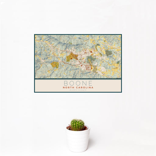 12x18 Boone North Carolina Map Print Landscape Orientation in Woodblock Style With Small Cactus Plant in White Planter