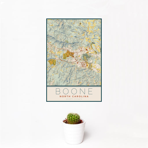 12x18 Boone North Carolina Map Print Portrait Orientation in Woodblock Style With Small Cactus Plant in White Planter