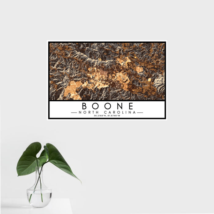 16x24 Boone North Carolina Map Print Landscape Orientation in Ember Style With Tropical Plant Leaves in Water