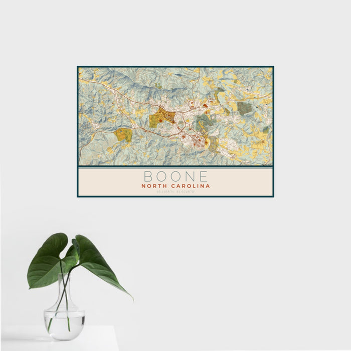 16x24 Boone North Carolina Map Print Landscape Orientation in Woodblock Style With Tropical Plant Leaves in Water