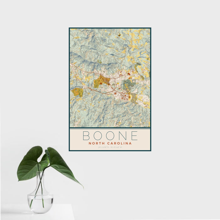 16x24 Boone North Carolina Map Print Portrait Orientation in Woodblock Style With Tropical Plant Leaves in Water