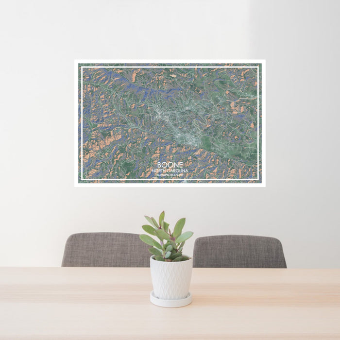 24x36 Boone North Carolina Map Print Lanscape Orientation in Afternoon Style Behind 2 Chairs Table and Potted Plant