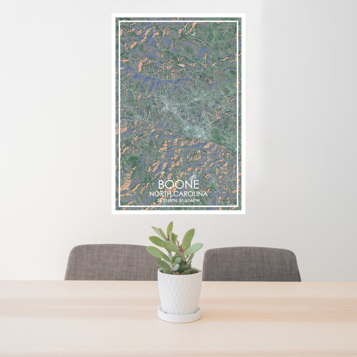 24x36 Boone North Carolina Map Print Portrait Orientation in Afternoon Style Behind 2 Chairs Table and Potted Plant
