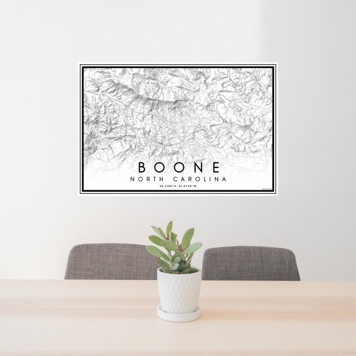 24x36 Boone North Carolina Map Print Lanscape Orientation in Classic Style Behind 2 Chairs Table and Potted Plant