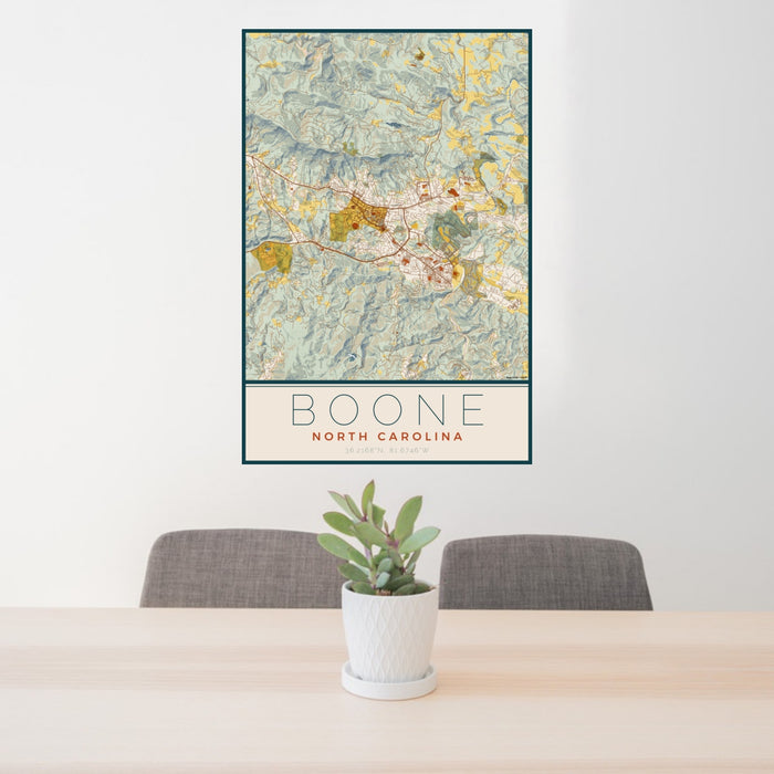 24x36 Boone North Carolina Map Print Portrait Orientation in Woodblock Style Behind 2 Chairs Table and Potted Plant
