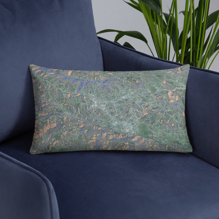 Custom Boone North Carolina Map Throw Pillow in Afternoon on Blue Colored Chair