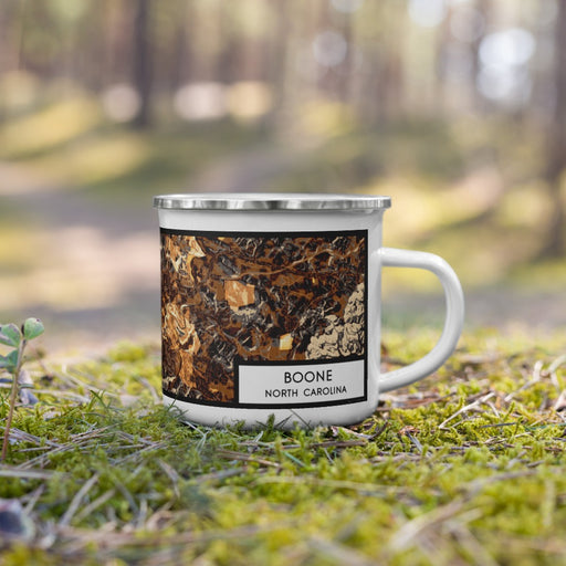 Right View Custom Boone North Carolina Map Enamel Mug in Ember on Grass With Trees in Background
