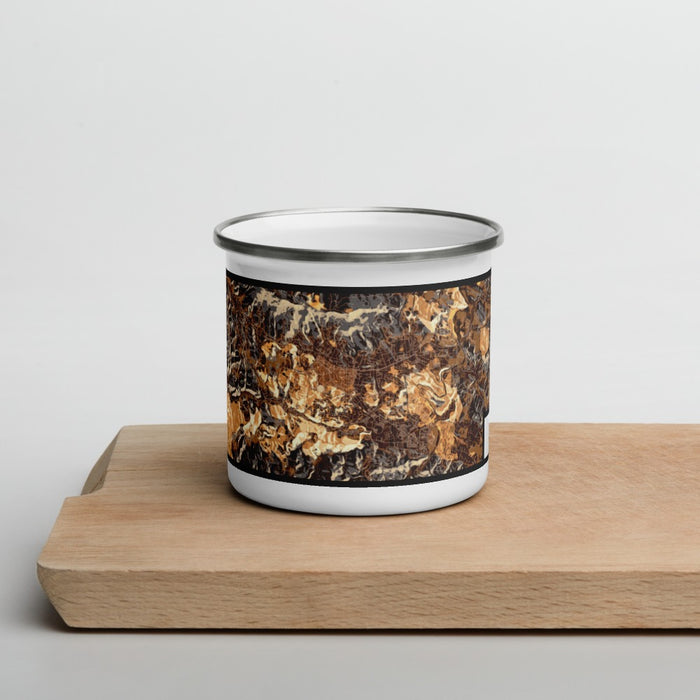 Front View Custom Boone North Carolina Map Enamel Mug in Ember on Cutting Board