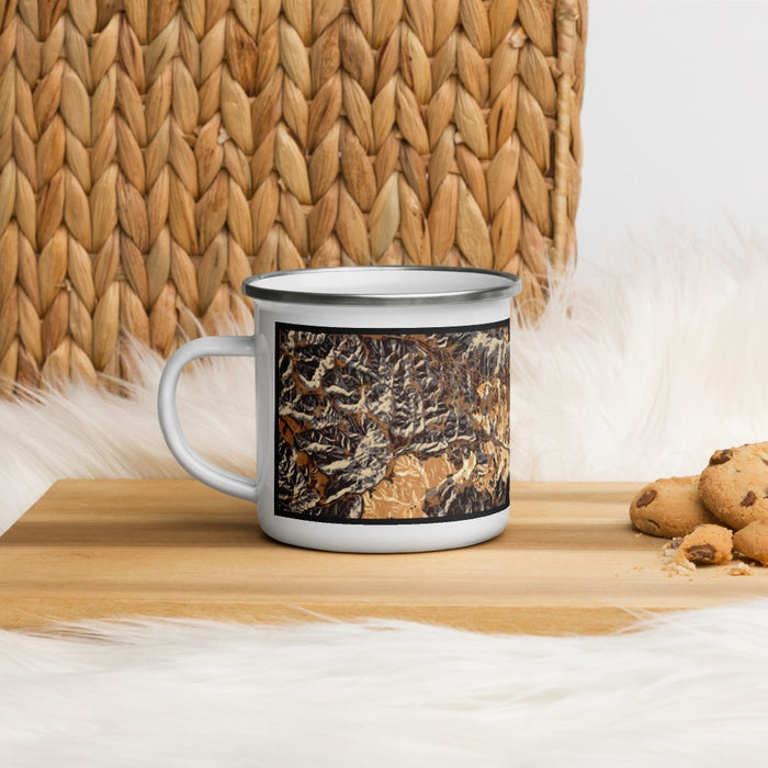Left View Custom Boone North Carolina Map Enamel Mug in Ember on Table Top