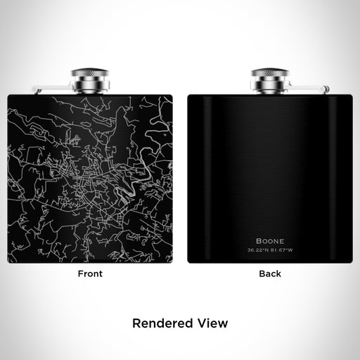 Rendered View of Boone North Carolina Map Engraving on 6oz Stainless Steel Flask in Black