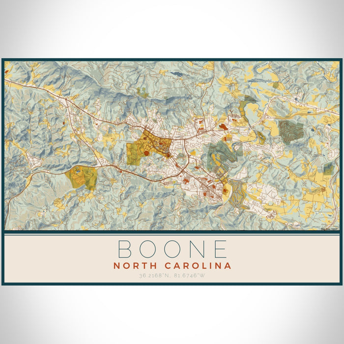 Boone North Carolina Map Print Landscape Orientation in Woodblock Style With Shaded Background