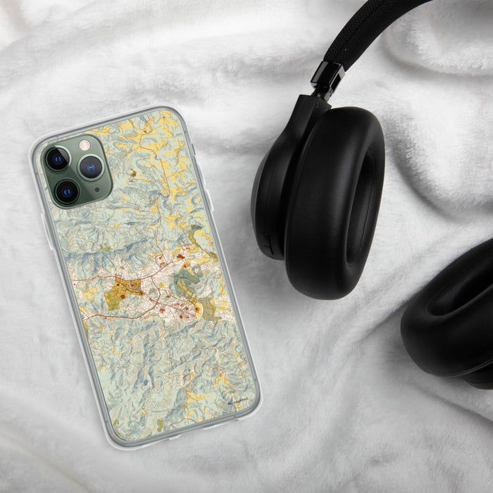 Custom Boone North Carolina Map Phone Case in Woodblock on Table with Black Headphones