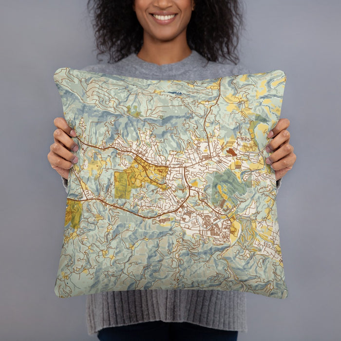 Person holding 18x18 Custom Boone North Carolina Map Throw Pillow in Woodblock